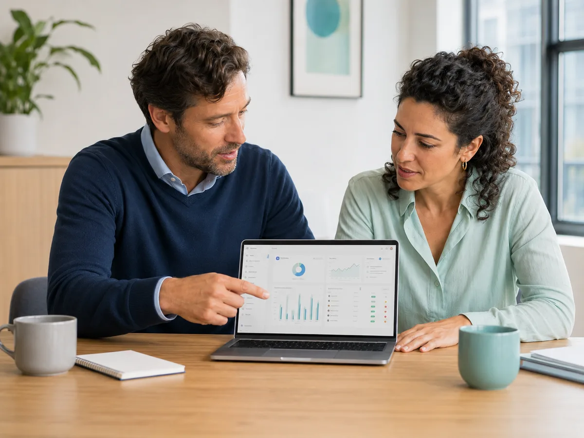 Boekhouder en ontwikkelaar bespreken samen het Myfinance-dashboard op een laptop