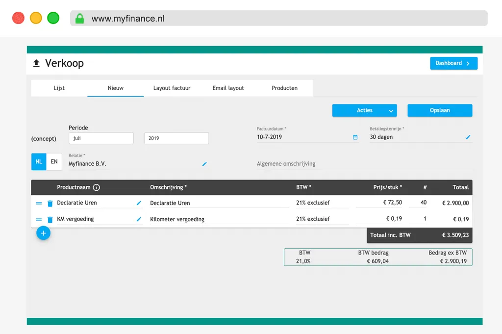 Online factureren in het verkoopscherm van Myfinance