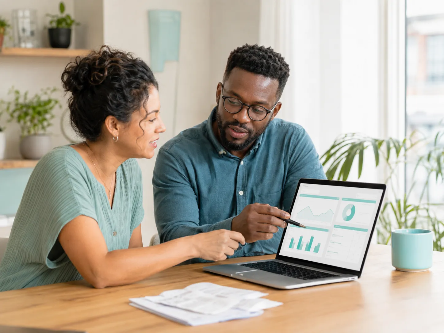 Twee ondernemers bespreken het financiële dashboard op een laptop in een licht kantoor