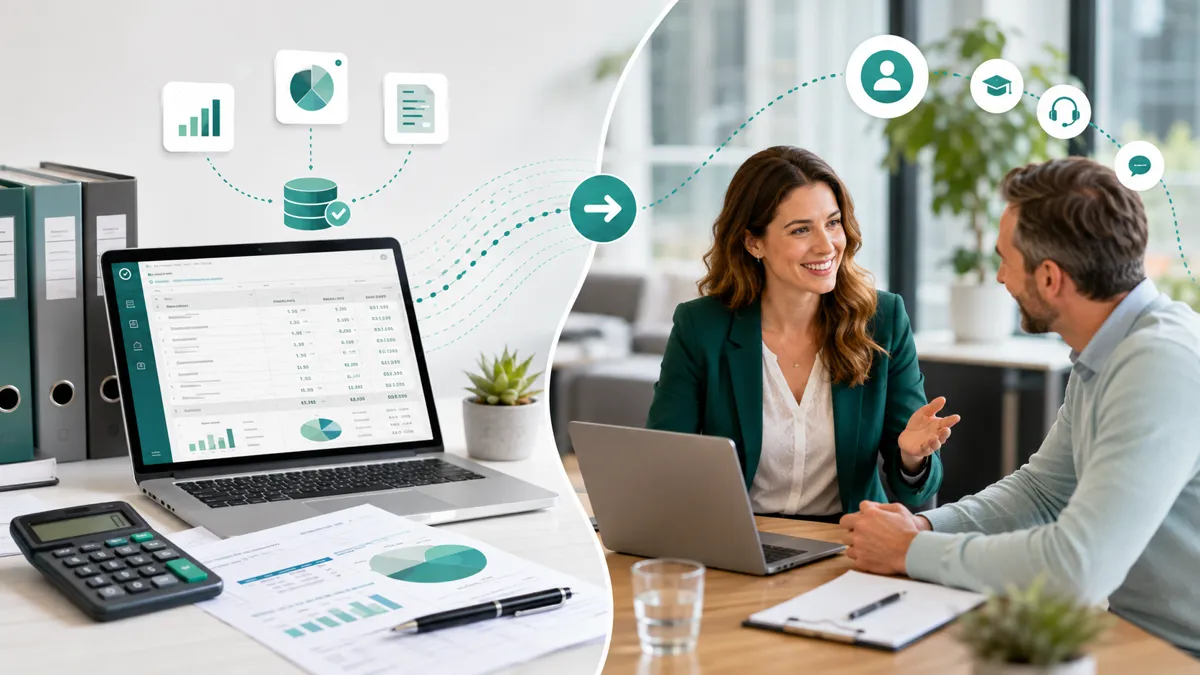 Myfinance-dashboard op een laptop naast een calculator en documenten, met een adviseur in gesprek met een ondernemer over starten of overstappen