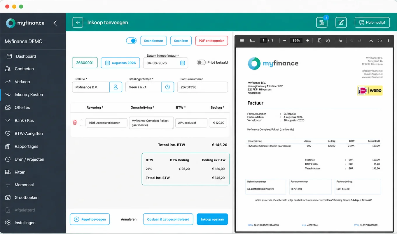 Inkoopfactuur scannen en herkennen in Myfinance, met de gescande factuur naast de automatisch ingevulde boekingsregels