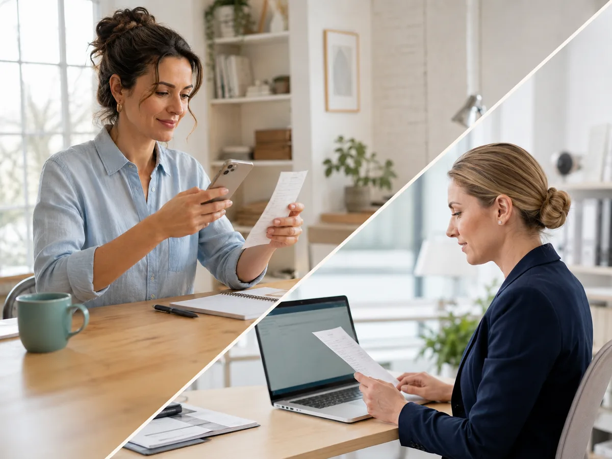 Onderneemster scant een bon met de Myfinance-app terwijl de boekhouder het document direct verwerkt