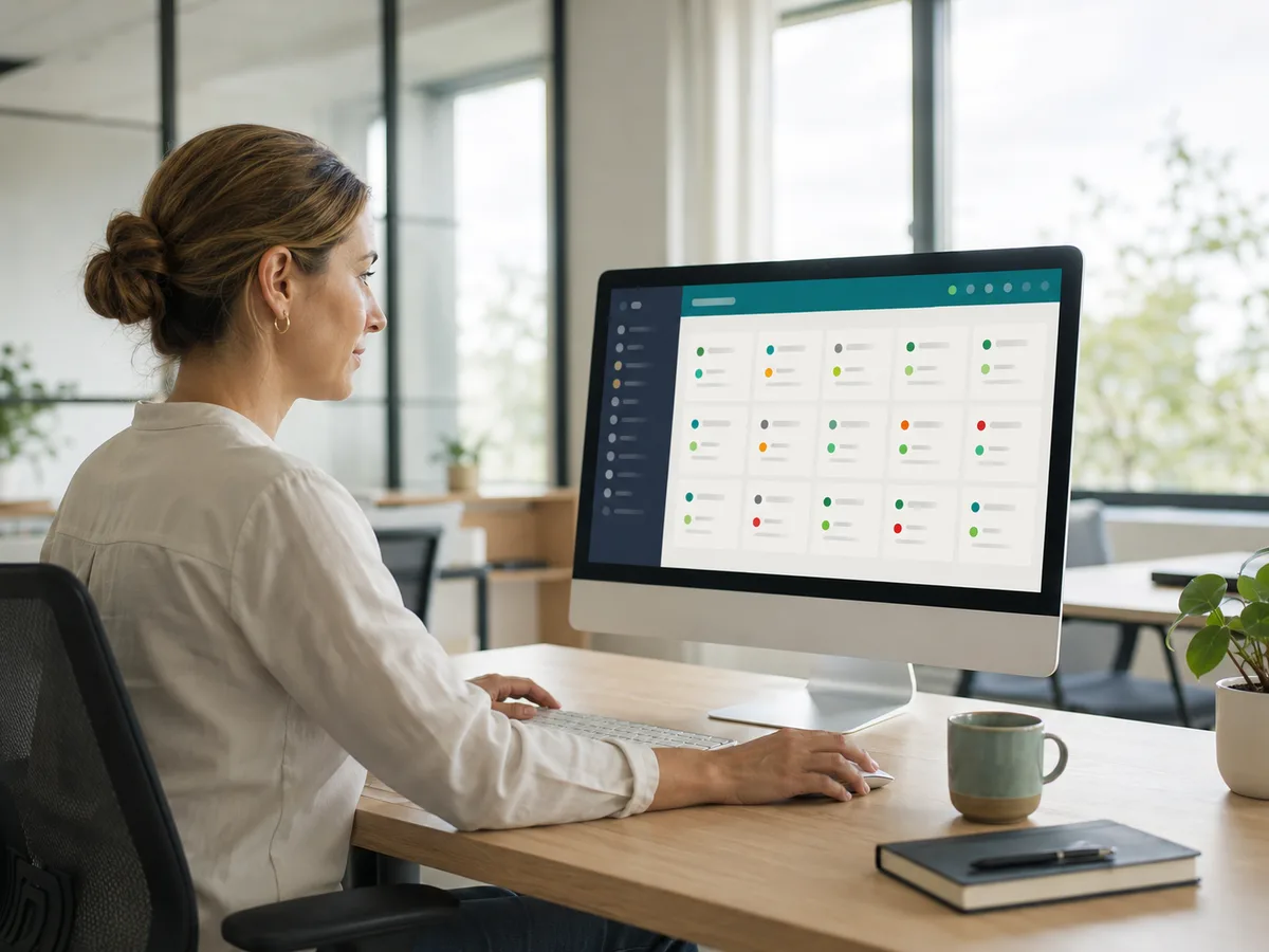Boekhouder bekijkt het klantendashboard van Myfinance met alle administraties op een groot scherm