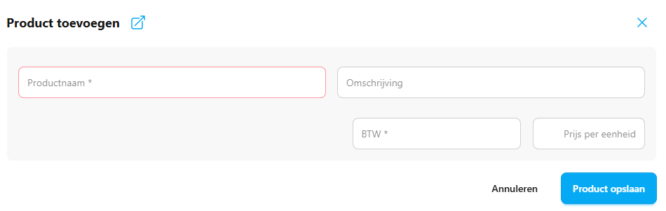 Overzicht met producten en de knop Nieuw product toevoegen