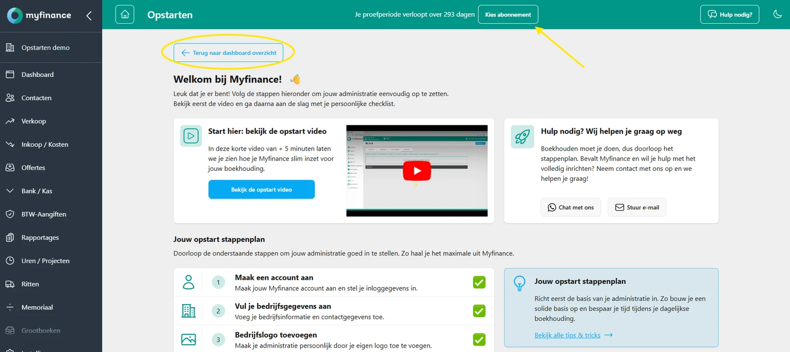 Opstartscherm van MyFinance met resterende proefperiode en knop Kies abonnement