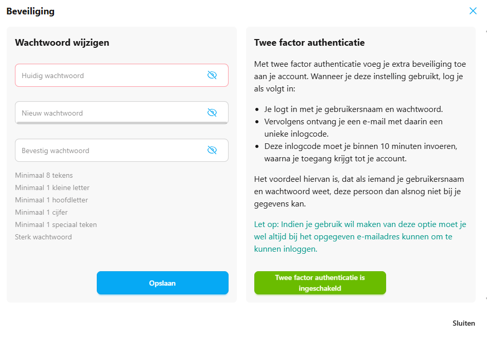 Screenshot Beveiligingspagina in Myfinance met de knop Twee factor authenticatie is ingeschakeld