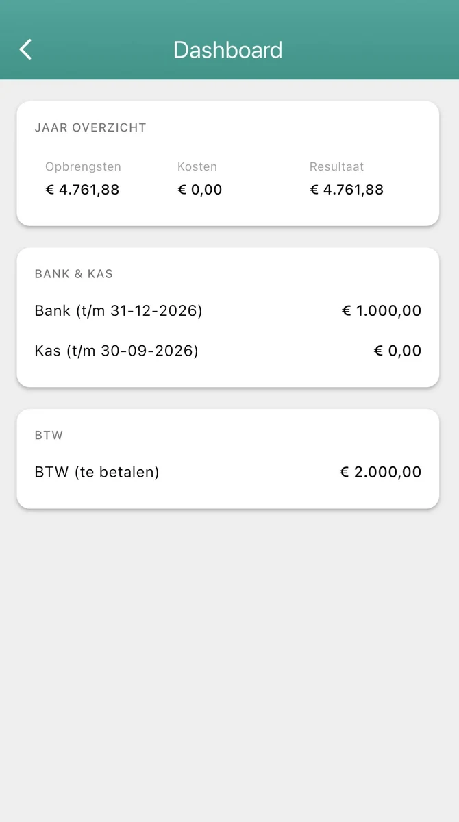 Jaaroverzicht met opbrengsten, kosten, resultaat, bank, kas en te betalen btw in de MyFinance-app