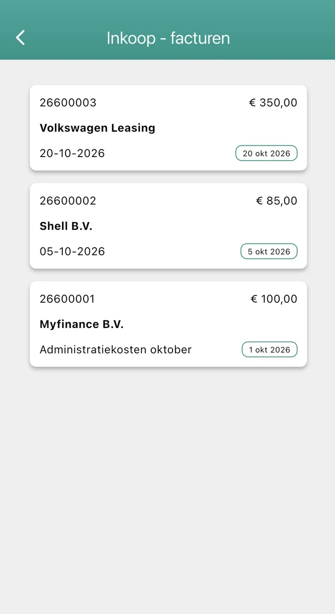 Overzicht van ingeboekte inkoopfacturen in de MyFinance-app