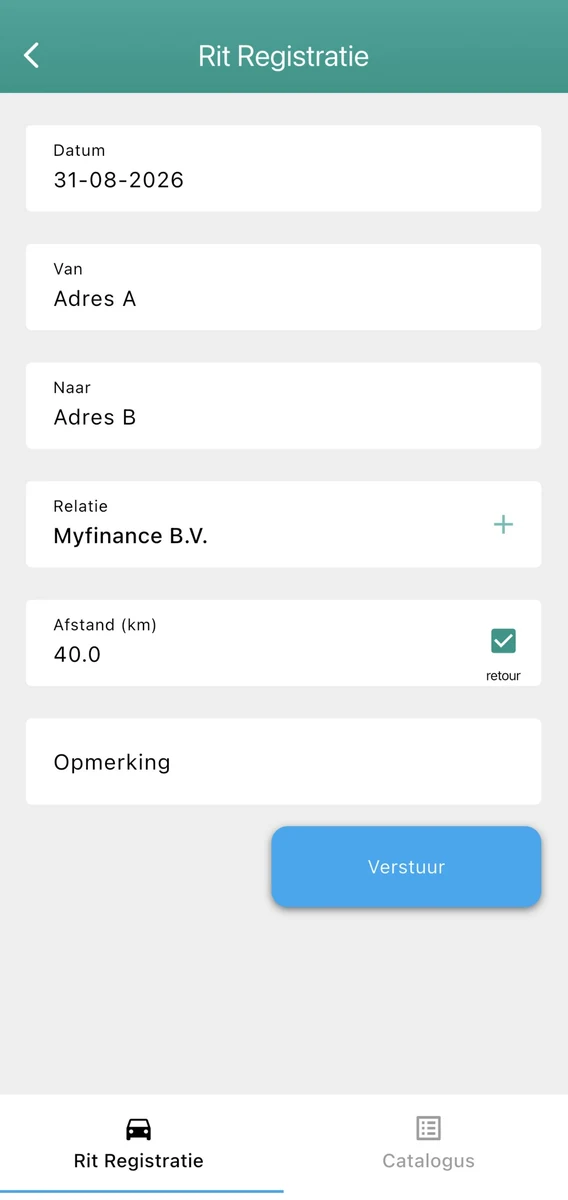 Formulier voor ritregistratie met adressen, relatie en afstand in de MyFinance-app