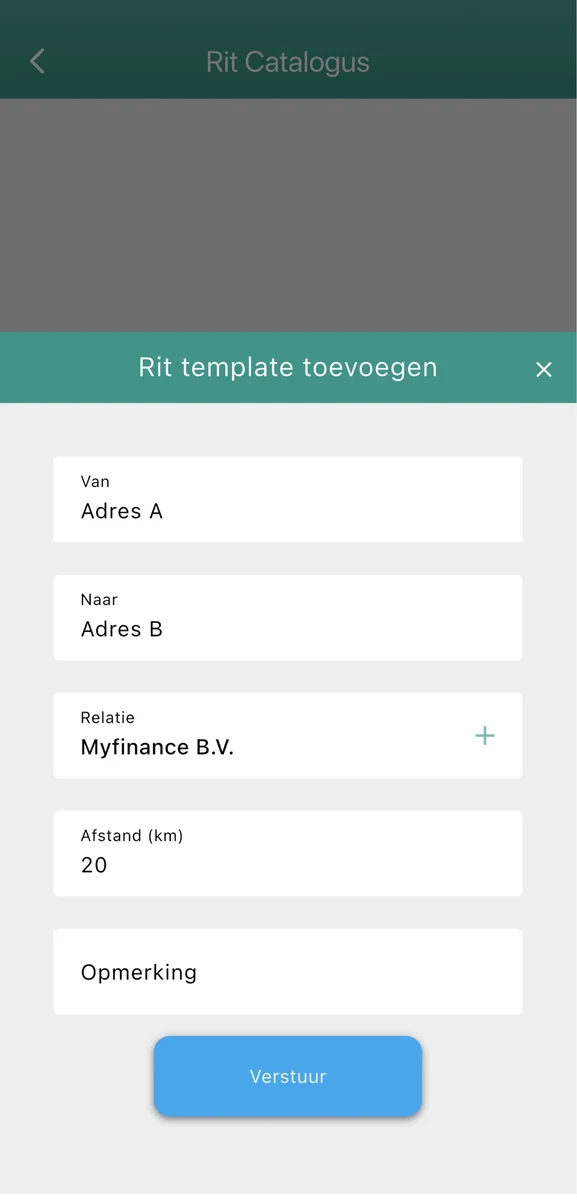 Formulier om een rittemplate toe te voegen in de MyFinance-app