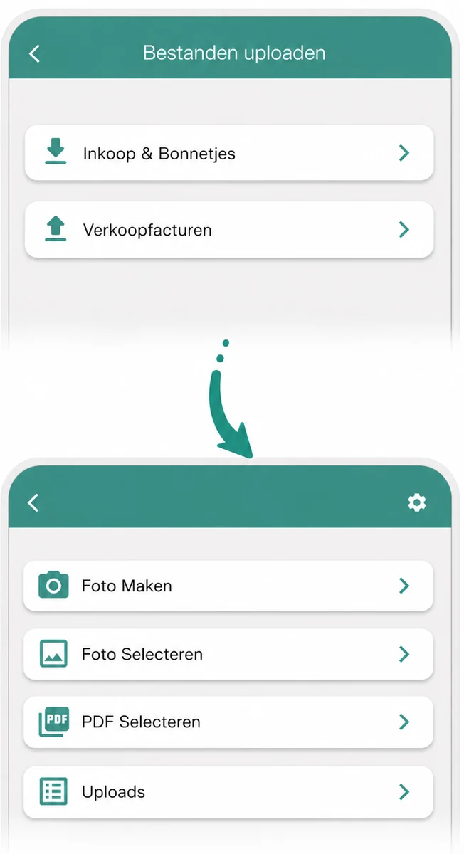 Keuzeschermen voor het uploaden van inkoopbonnen en verkoopfacturen in de MyFinance-app