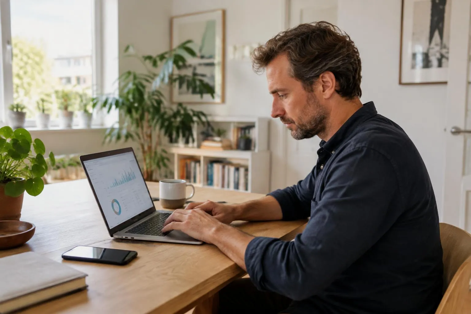 Ondernemer bekijkt zijn cijfers in het Myfinance-dashboard op een laptop