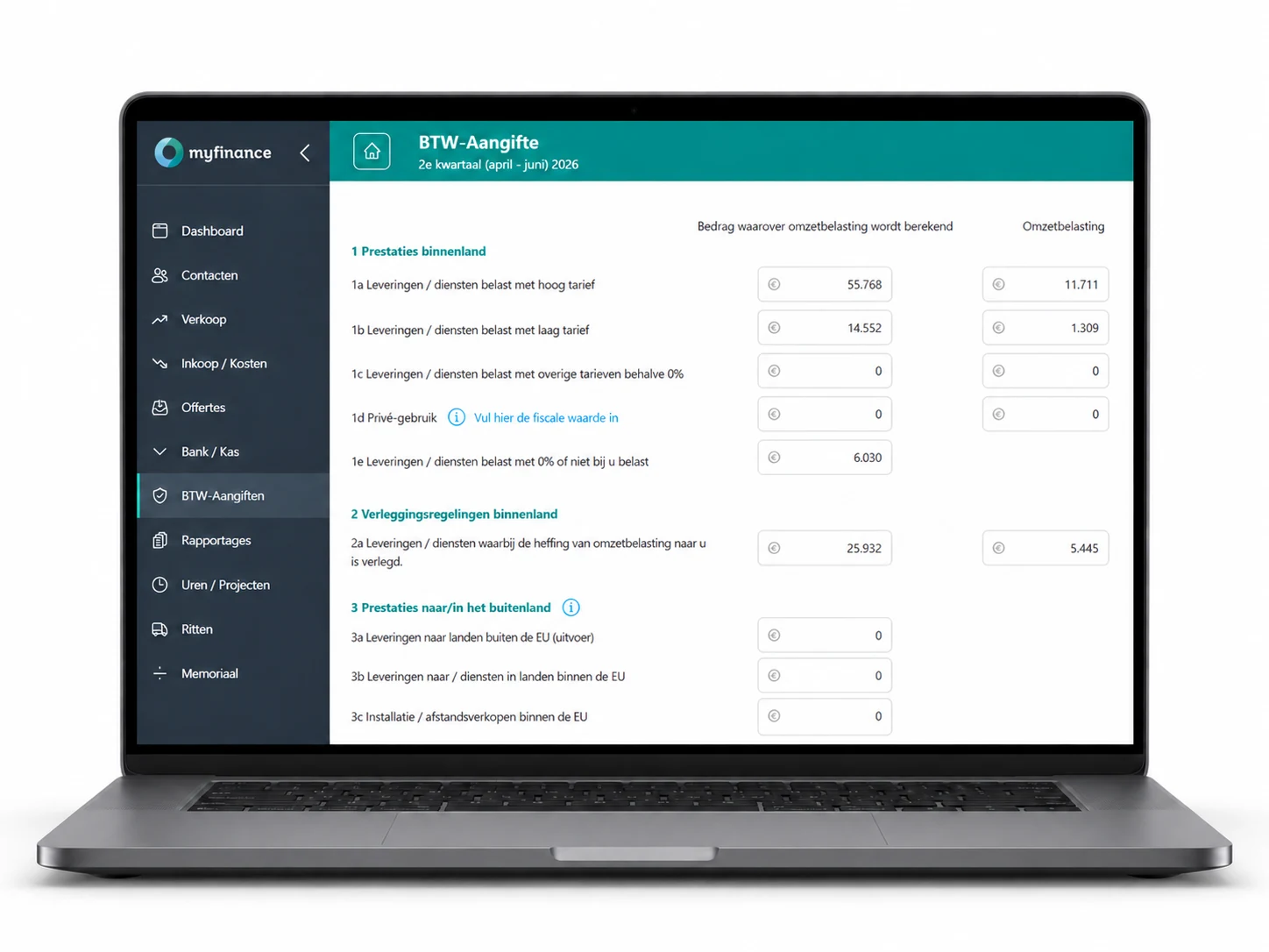 BTW-aangifte formulier in Myfinance met automatisch ingevulde rubrieken