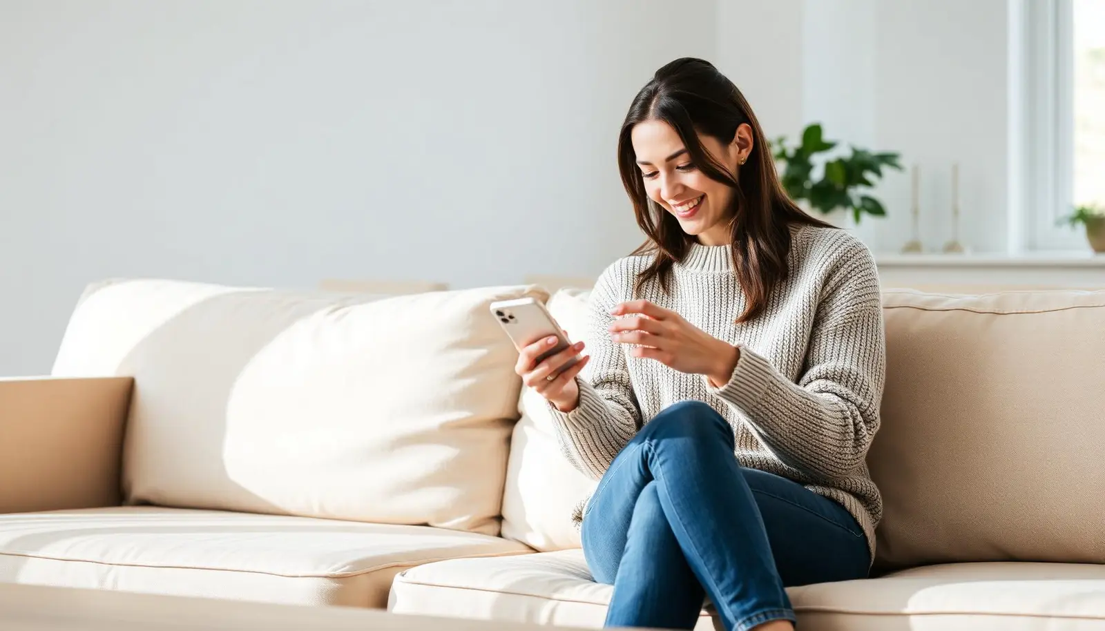 Ondernemer ontspannen op de bank met een smartphone