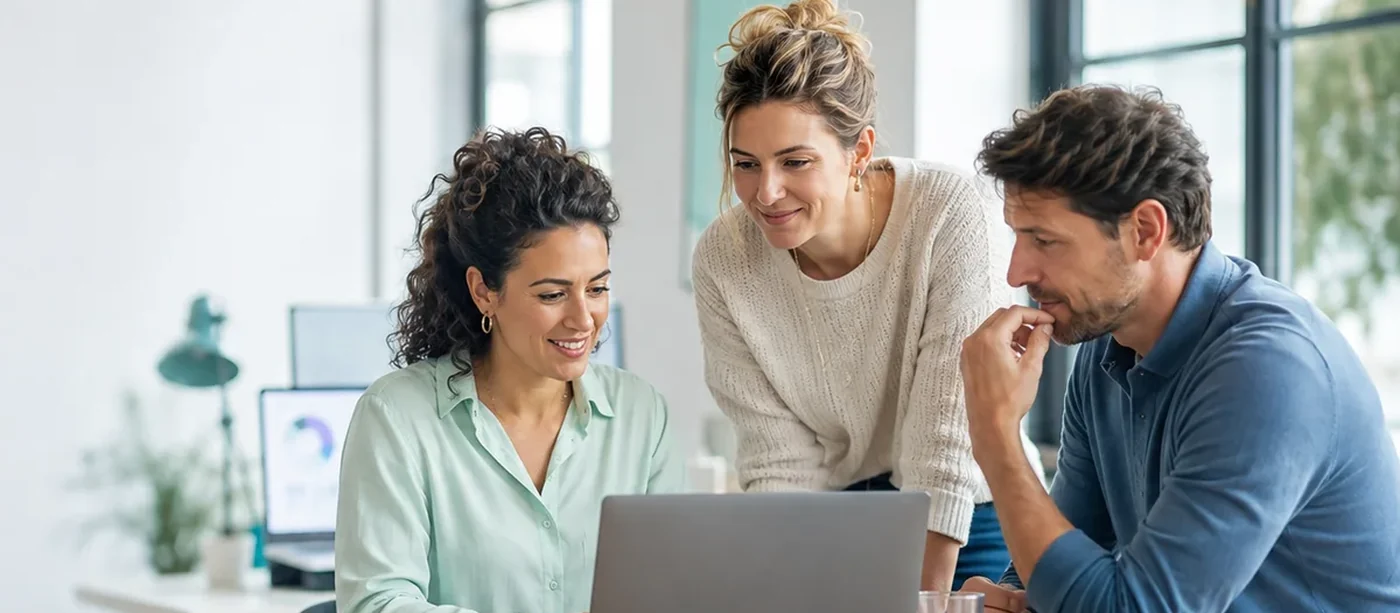 Drie collega's bespreken samen werk aan een laptop in een licht kantoor