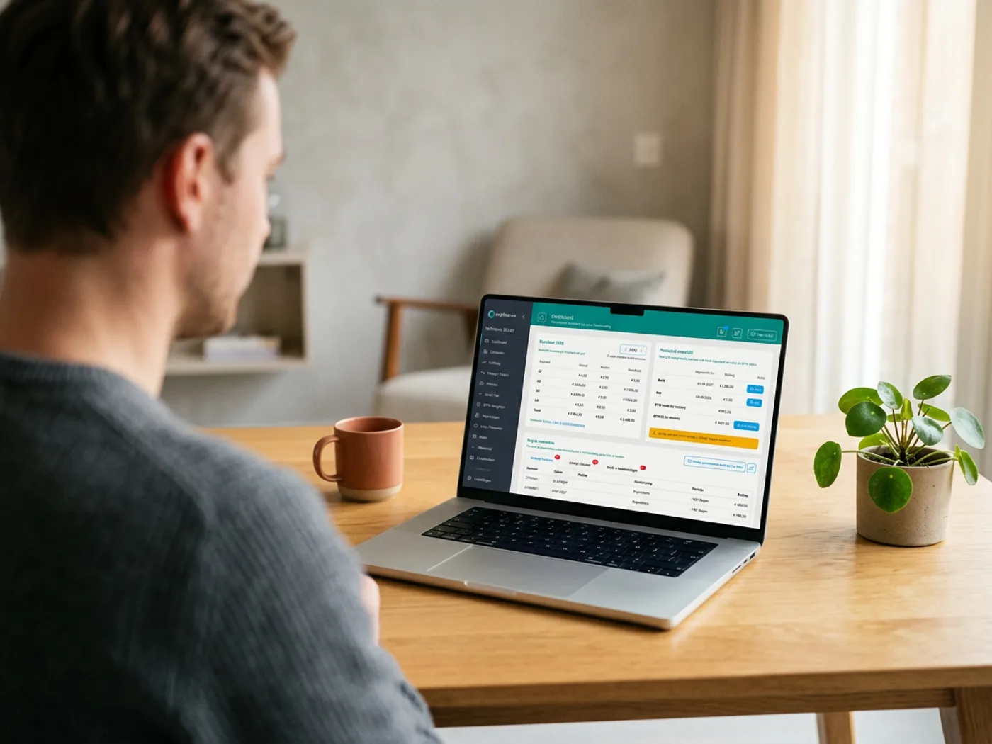 Jonge ondernemer bekijkt thuis op een laptop het Myfinance dashboard met resultaat, financieel overzicht en nog te verwerken boekingen